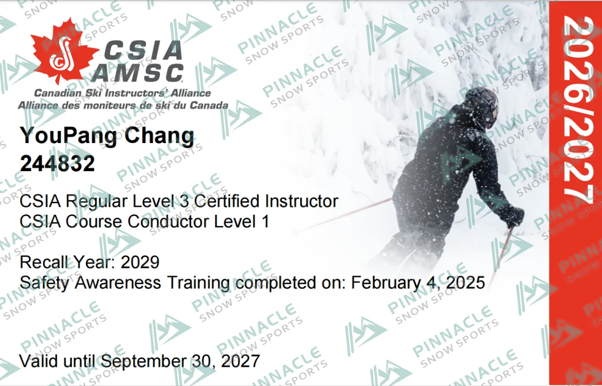 Alex　CSIA考官　證書（Pinnacle Snowsports 浮水印預覽）