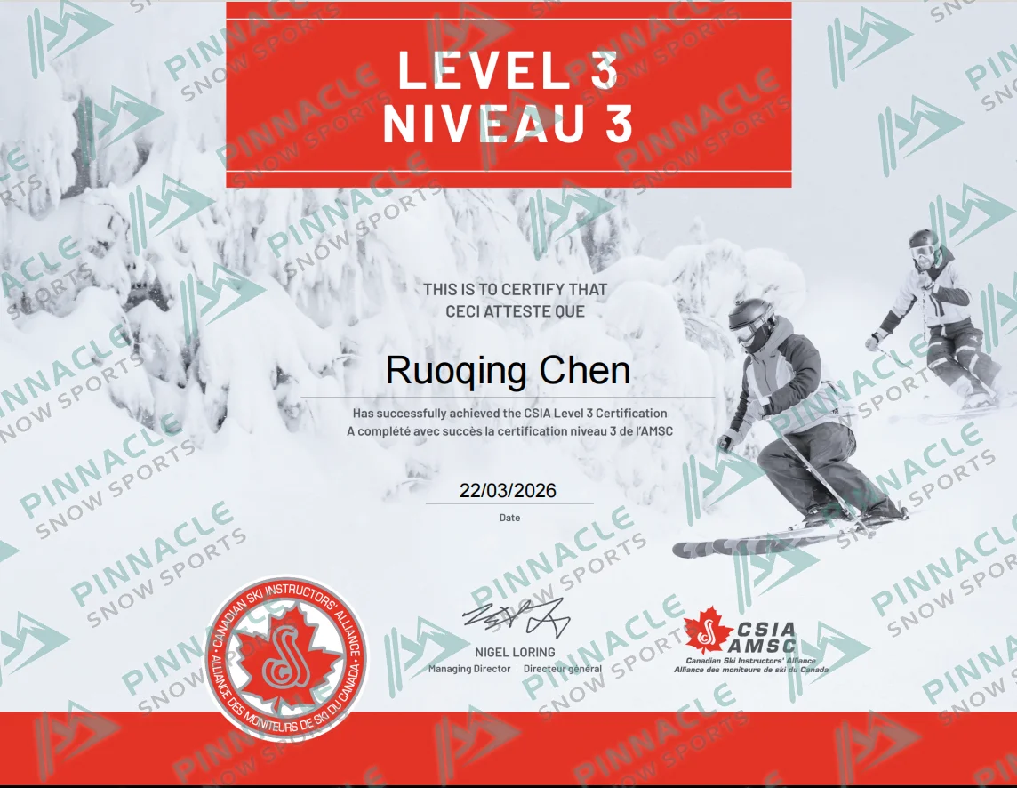 Ray　CSIA雙板三級　證書（Pinnacle Snowsports 浮水印預覽）