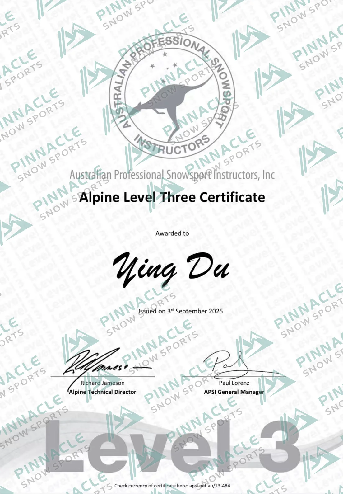 Du　APSI雙板三級　證書（Pinnacle Snowsports 浮水印預覽）