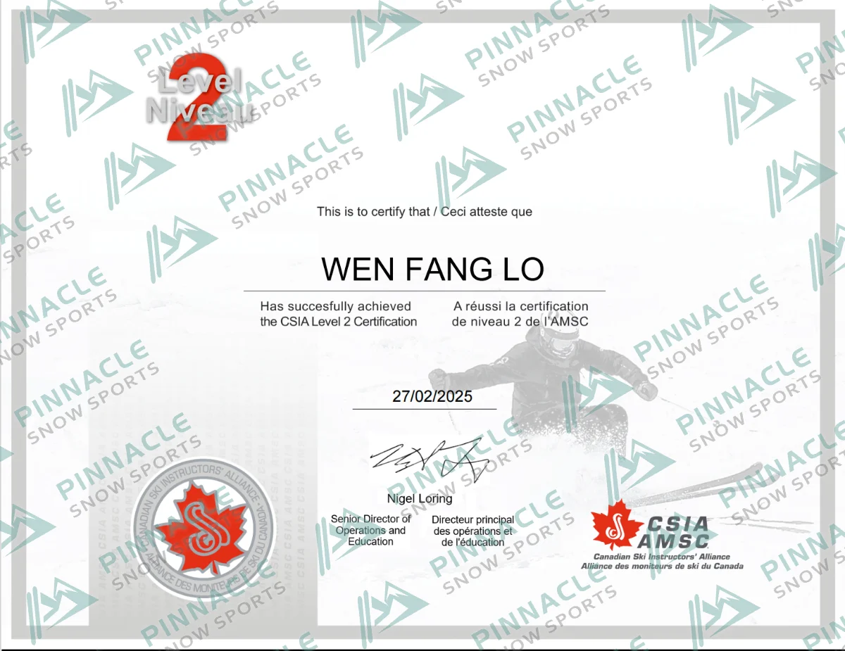 Wennie　CSIA雙板二級　證書（Pinnacle Snowsports 浮水印預覽）