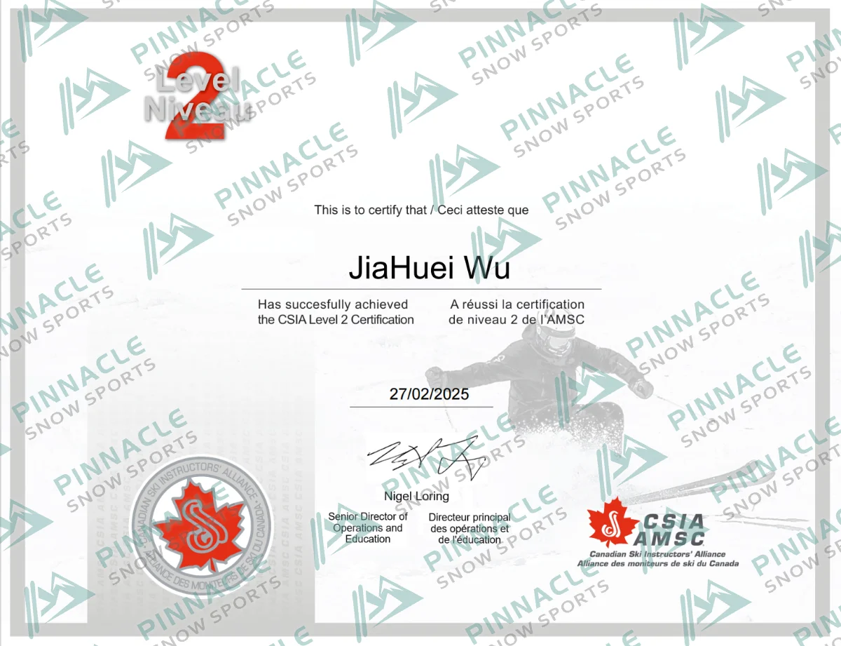 Caro　CSIA雙板二級　證書（Pinnacle Snowsports 浮水印預覽）