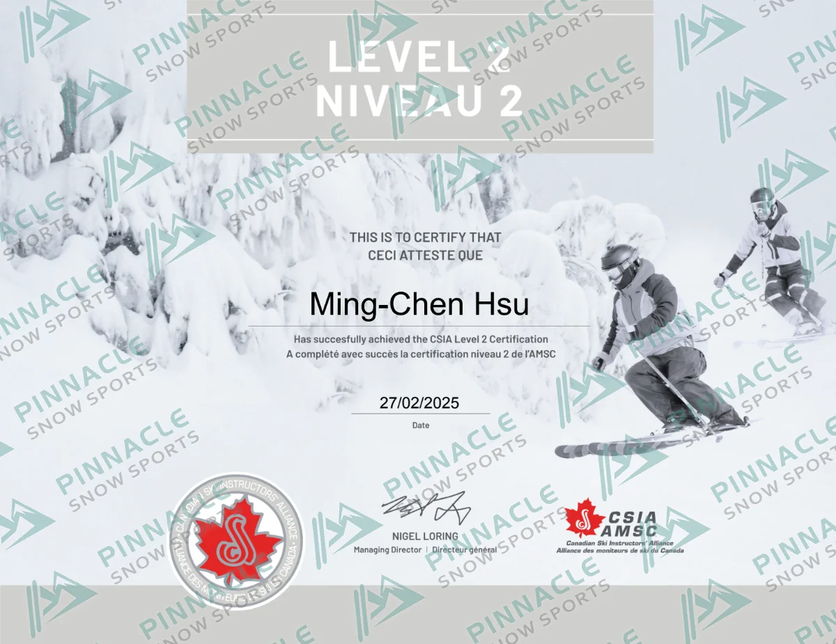 Ming　CSIA雙板二級　證書（Pinnacle Snowsports 浮水印預覽）