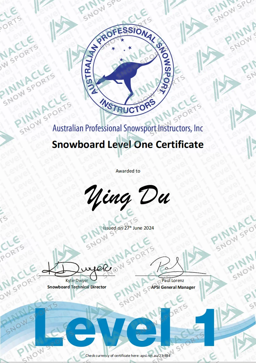 Du　APSI單板一級　證書（Pinnacle Snowsports 浮水印預覽）