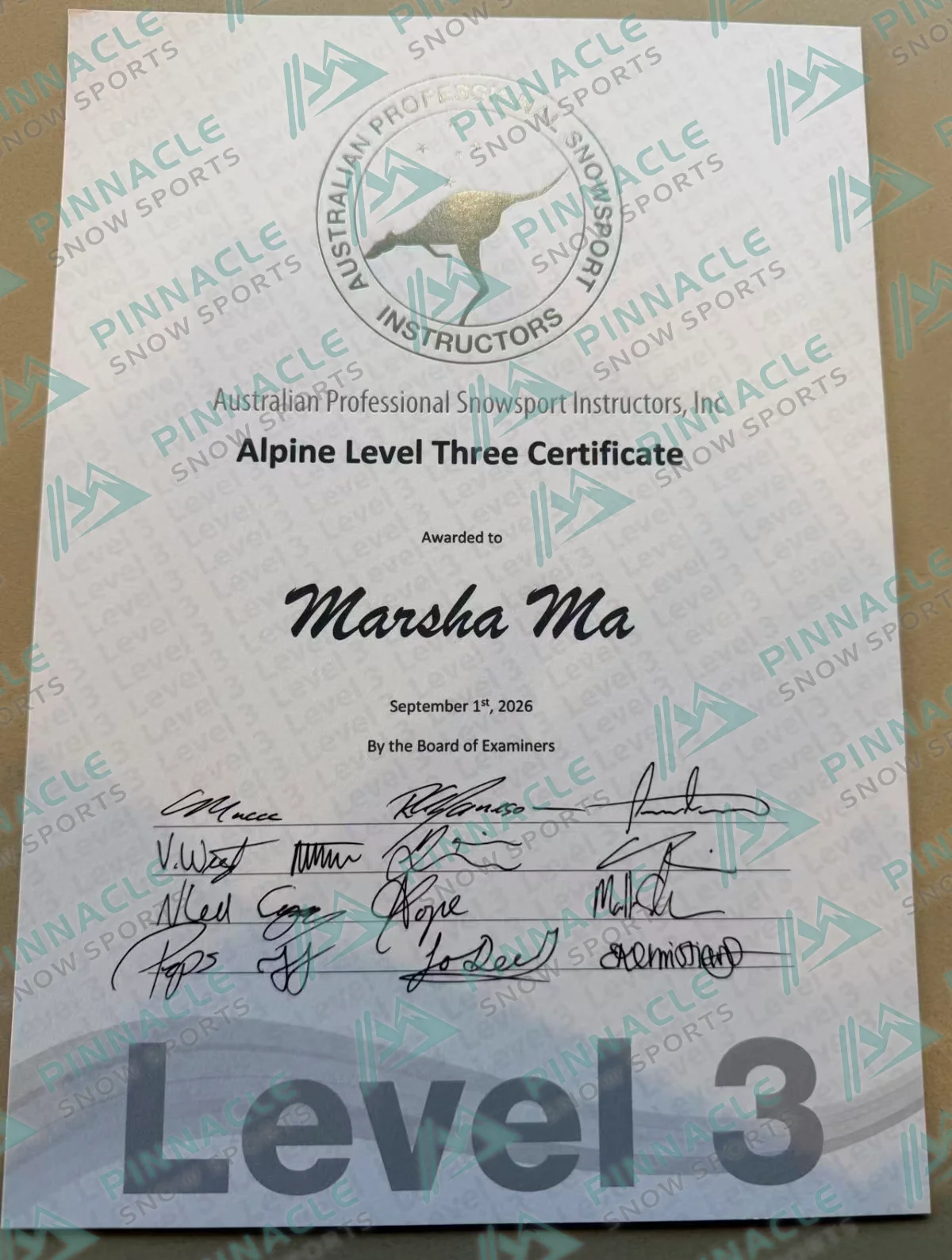 Marsha Ma　APSI雙板三級　證書（Pinnacle Snowsports 浮水印預覽）
