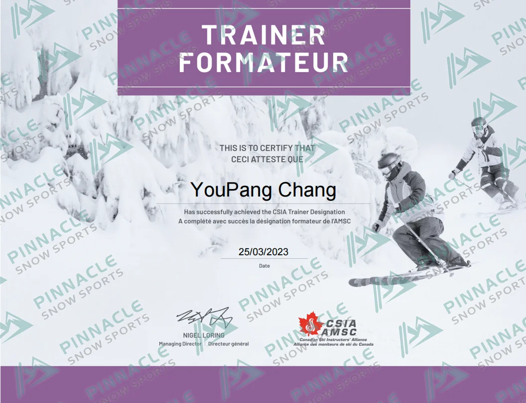 Alex　CSIA Trainer　證書（Pinnacle Snowsports 浮水印預覽）