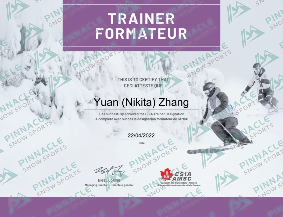Nikita　CSIA Trainer　證書（Pinnacle Snowsports 浮水印預覽）