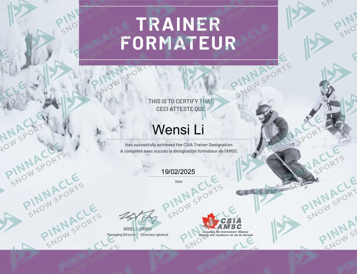 思思　CSIA Trainer　證書（Pinnacle Snowsports 浮水印預覽）