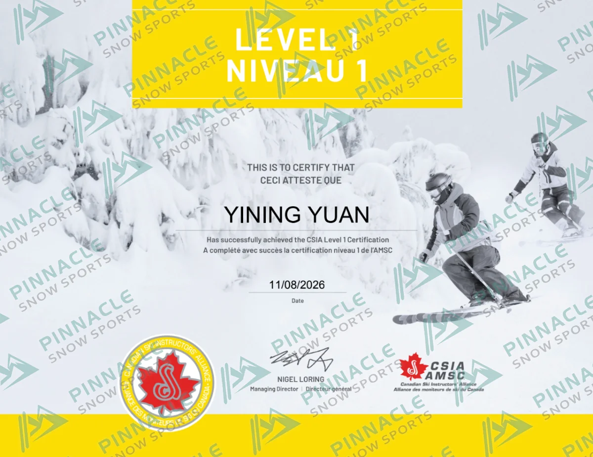 YYN 的CSIA雙板一級證明文件，由 CSIA 發出，Level 1，Pinnacle Snowsports 浮水印預覽圖