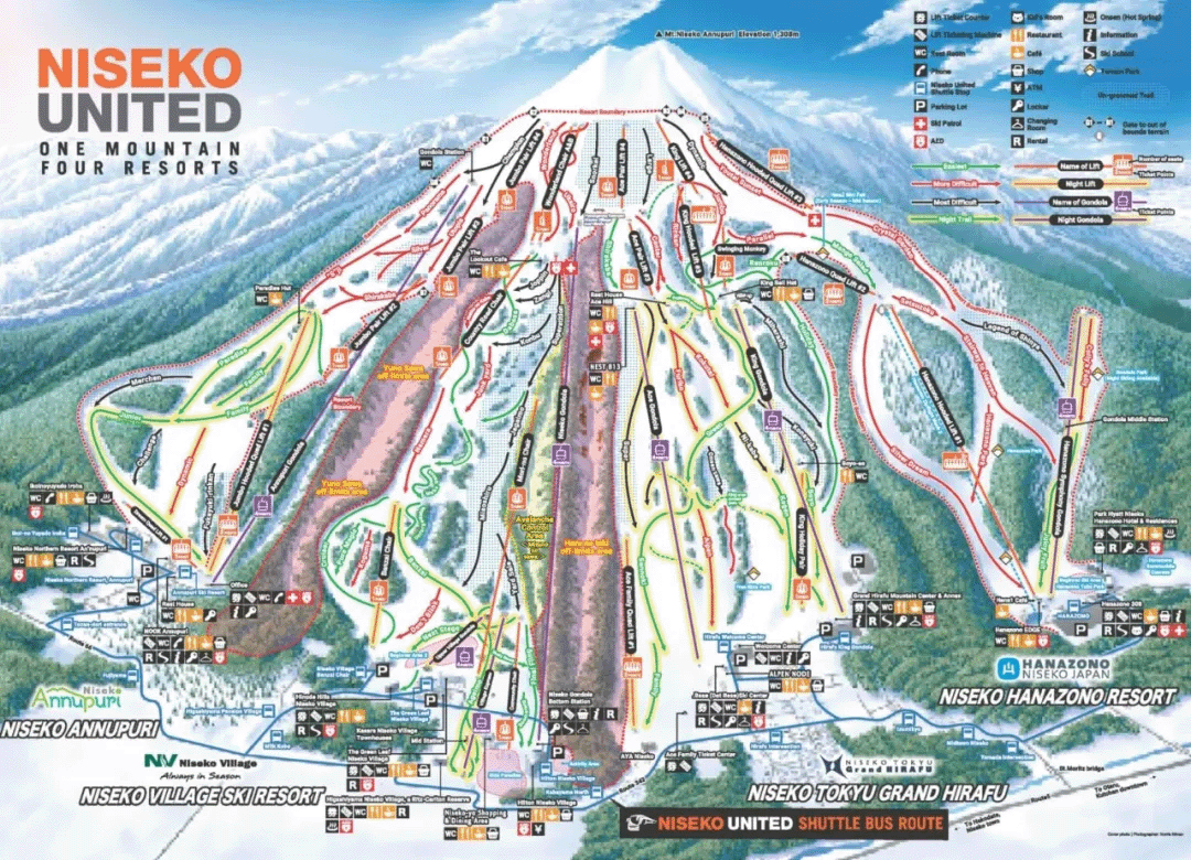 二世古Niseko共有四大雪場（Hirafu、Hanazono、Niseko Village、Annupuri）
